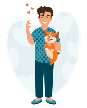 Happy fellow man with dog shows OK. The concept of caring for domestic pets. illustration, vectorのイラスト素材