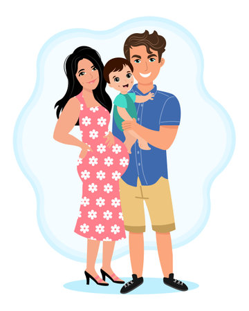 Pregnant mom, dad and little son, happy family. Family concept. illustration, poster, vectorのイラスト素材