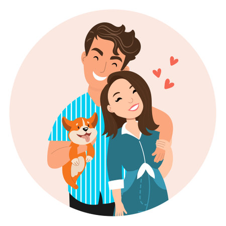 Happy young couple with a dog. The concept of family happiness. illustration, vectorのイラスト素材