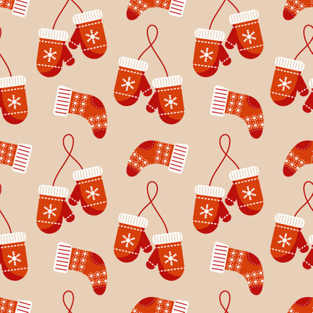 Seamless pattern, socks and mittens with snowflake ornament. Print, christmas background, vectorのイラスト素材