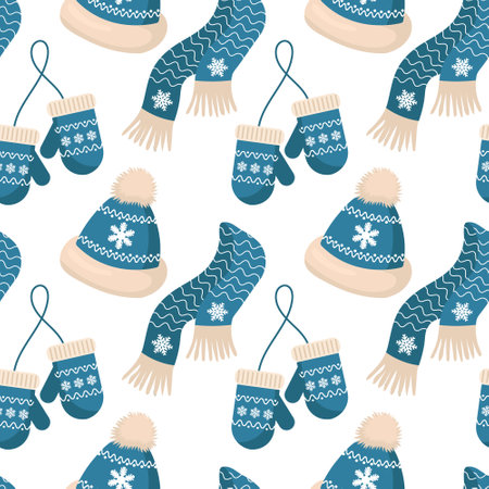 Seamless pattern, hats, scarves and mittens with snowflake ornament. Print, christmas background, vectorのイラスト素材