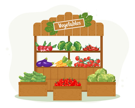 A wooden trading kiosk with a harvest, a shop for various vegetables. Agriculture concept. illustration, vectorのイラスト素材