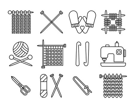 Knitting, outline icons set. Knitting needles thread hook scissors knitting machine. Hobby and needlework concept. templates, vectorのイラスト素材