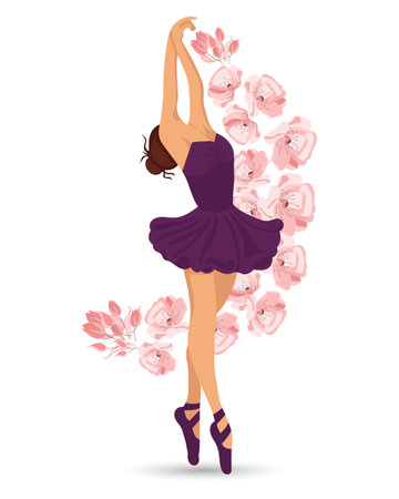 An elegant dancing ballerina in a purple dress and pointe shoes and flying flowers. illustration, vectorのイラスト素材