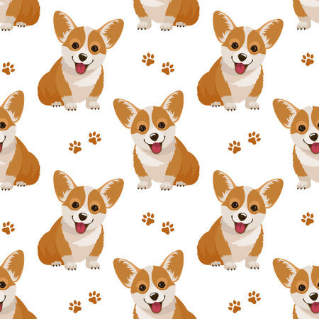Seamless pattern, cute corgi dogs and paw prints on a white background. print, vectorのイラスト素材