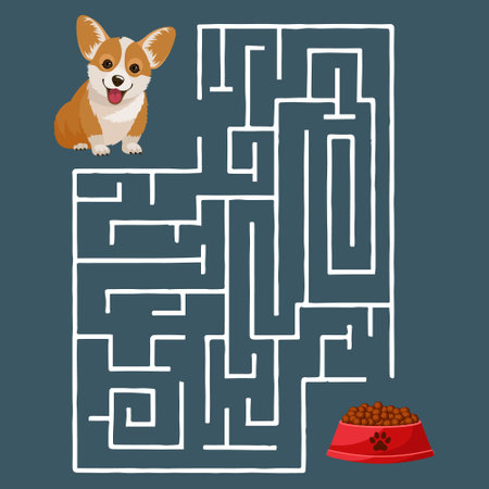 Educational maze for kids with a funny dog and a bowl of food. Education concept. illustration, vectorのイラスト素材