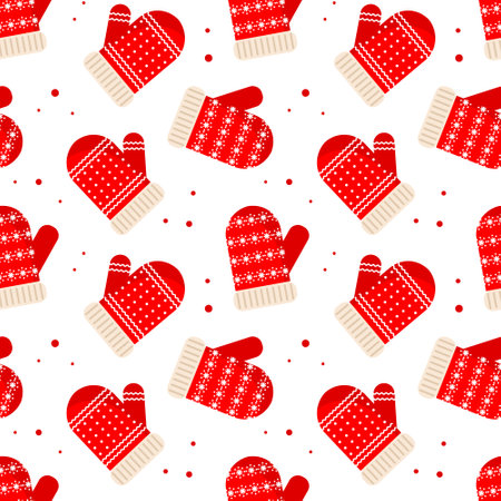 Seamless pattern, winter red christmas mittens with snowflake ornament. Background, print, vectorのイラスト素材