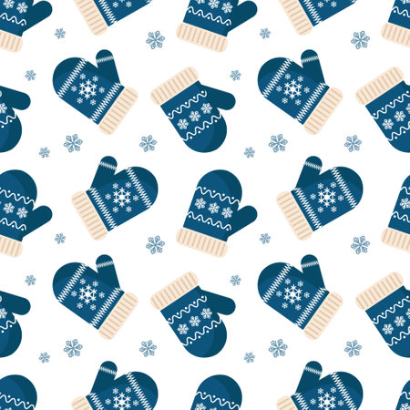 Seamless pattern, winter blue christmas mittens with snowflake ornament. Background, print, vectorのイラスト素材