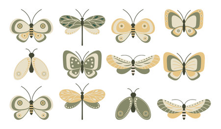 Set of insects, butterflies, dragonflies and moths. Pastel colors. icons, vectorのイラスト素材