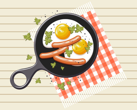Tasty and healthy breakfast, a frying pan with a fried egg, sausages and parsley on a checkered napkin. illustration, vectorのイラスト素材