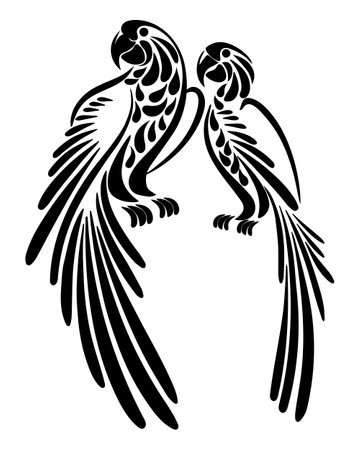 Hand drawn couple of parrots in love, black silhouette with ornament. Stencil, tattoo, illustration, vectorのイラスト素材