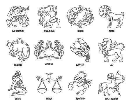 Horoscope set of zodiac signs, contour drawings. Astrological icons, vectorのイラスト素材