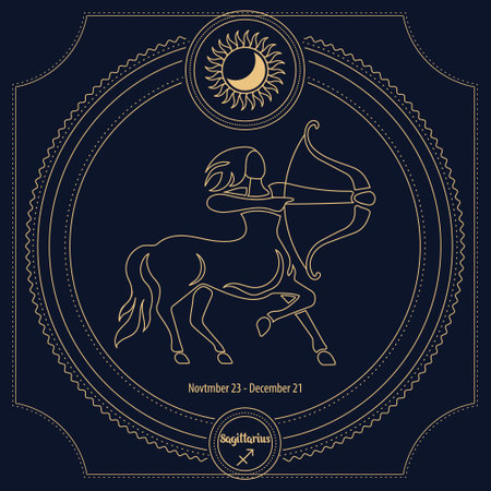 Sagittarius Zodiac sign, astrological sign of the horoscope in an ornamental mystical frame. Golden blue design, vectorのイラスト素材