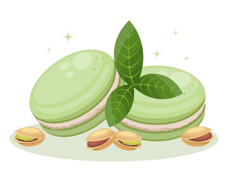 French cookies pistachio macarons and pistachios with leaves. Pastel colors. Design for cafe and pastry shop, poster, vectorのイラスト素材