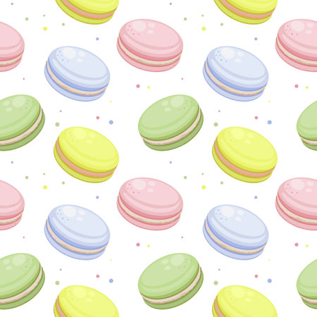 Seamless pattern, french cookies sweet macarons on a white background. Pastel colors. Print, textile, vectorのイラスト素材