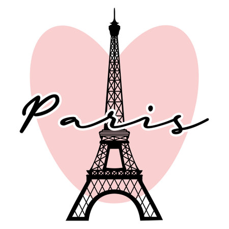Silhouette of the Eiffel Tower and the inscription Paris on the background of the heart. Retro poster, illustration, vectorのイラスト素材