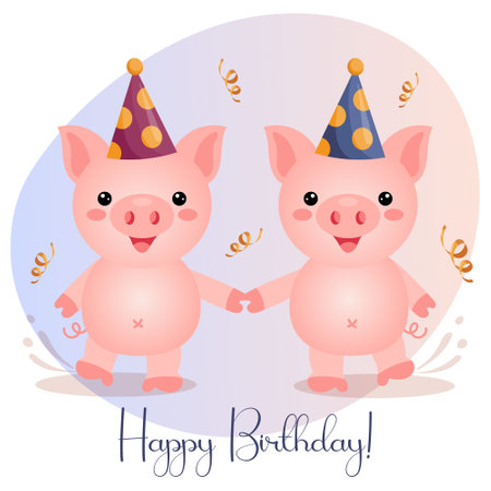 Postcard Happy Birthday, a couple of funny pigs in festive hats and golden serpentines. illustration, postcard, vectorのイラスト素材