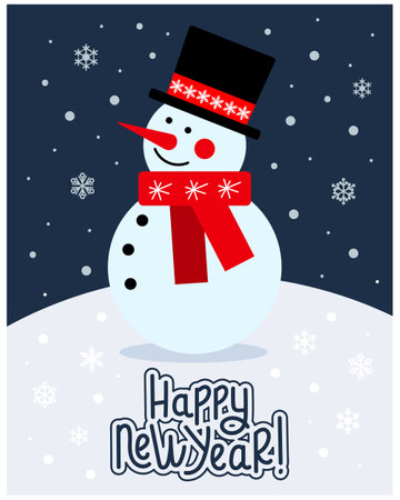 Merry Christmas greeting card, cute cartoon snowman in a scarf and hat on a background of snowflakes. print, vectorのイラスト素材