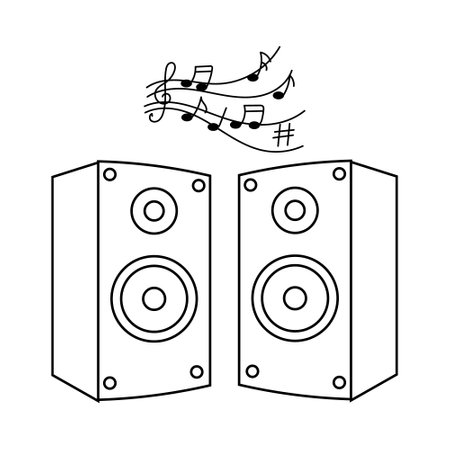Music speakers and musical notes, musical instrument, line art. sketch, icon, vectorのイラスト素材