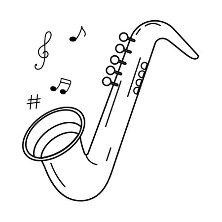 Saxophone and notes, musical instruments, line art. sketch, icon, vectorのイラスト素材