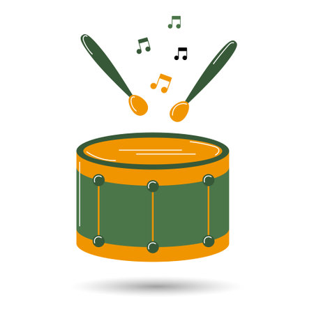 Drum with percussion sticks and notes, musical instruments. Yellow green design. illustration, icon, vectorのイラスト素材