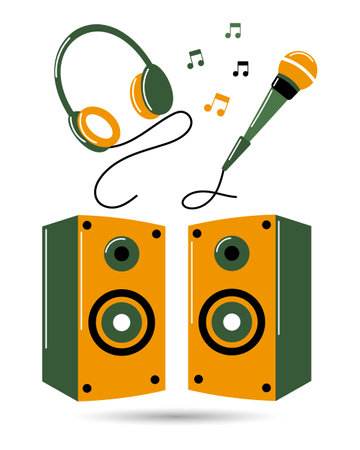 Concert microphone, headphones and speakers, musical instruments. Yellow green design. illustration, icons, vectorのイラスト素材