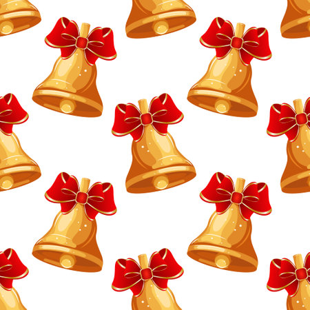 Seamless pattern, colorful christmas golden bells with red bow. Print, background, textile, vectorのイラスト素材