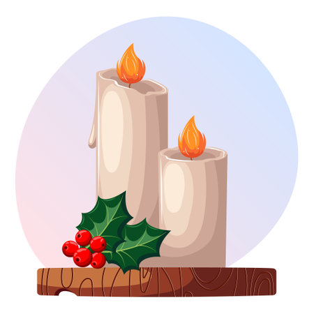 Christmas illustration, burning candles, holly and red berries on a wooden stand. postcard, background, vectorのイラスト素材