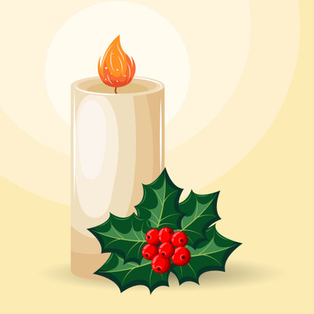 Christmas illustration, burning candle, holly and red berries. postcard, background, vectorのイラスト素材