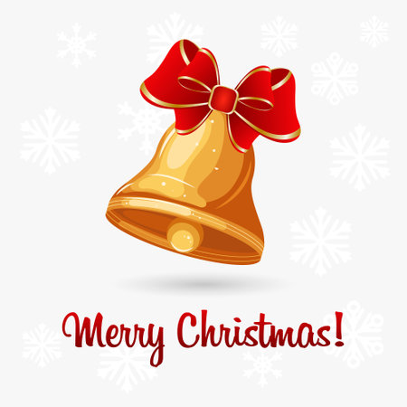 Christmas card with a golden bell, a red bow and a congratulatory text on the background of snowflakes. print, poster, vectorのイラスト素材