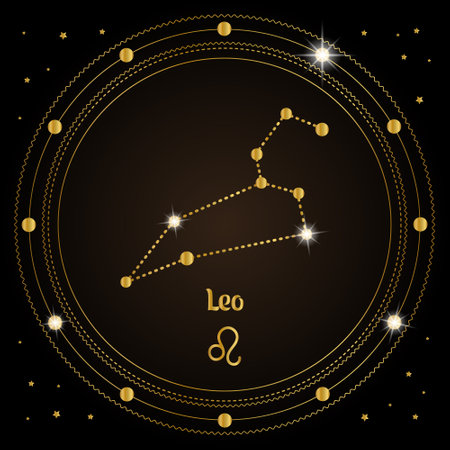 Leo, constellation of the zodiac sign in the cosmic magic circle. Golden design on a dark background. vectorのイラスト素材
