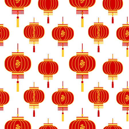 Seamless pattern, red-gold Chinese lanterns on a white background. Prin, textile, background, vectorのイラスト素材