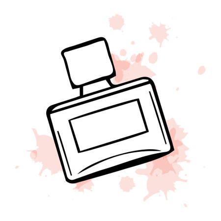 Hand drawn perfume bottle on delicate watercolor stains. Sketch, cosmetics illustration, vectorのイラスト素材