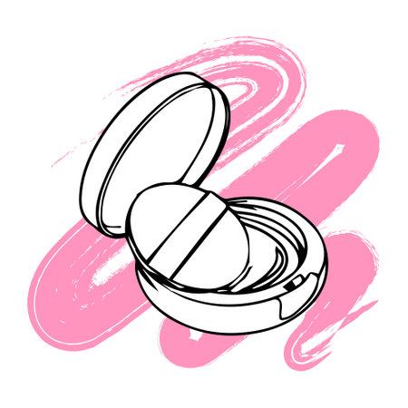 Hand drawn powder box on a gentle brush stroke in grunge style. Sketch, cosmetic illustration, vectorのイラスト素材