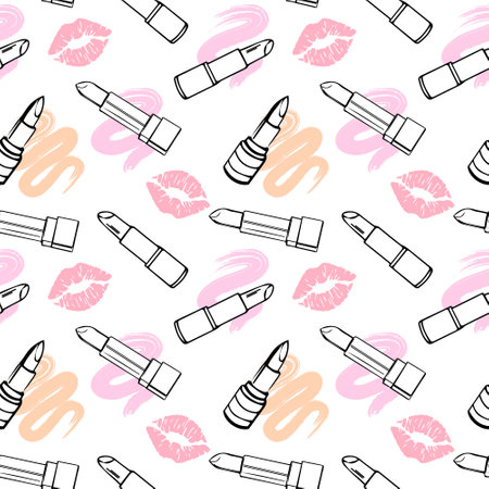Seamless pattern, drawn contour lipsticks and lip prints on a white background with pastel brush strokes. Makeup background, textile, vectorのイラスト素材