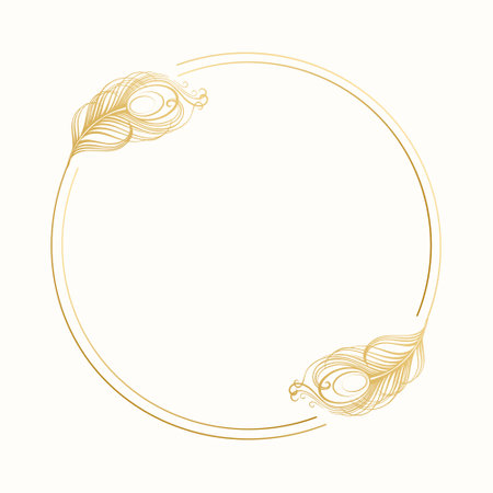 Delicate round golden frame with peacock feathers on a light background. Wedding invitation, card, vectorのイラスト素材