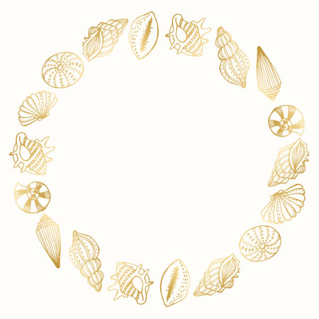 Round frame from contour golden seashells. Decor element, invitation, vectorのイラスト素材
