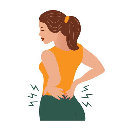 Sad young woman with back pain. The concept of health and medicine. illustration, vectorのイラスト素材