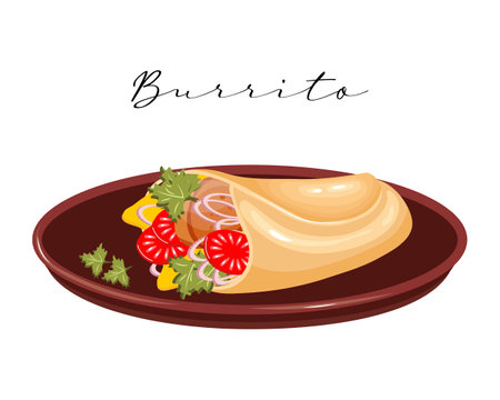 Burrito, flatbread with meat and vegetables, Latin American cuisine. National cuisine of Mexico. food illustration, vectorのイラスト素材