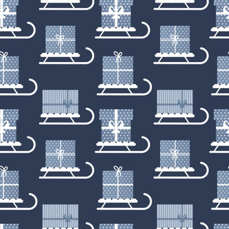 Seamless pattern, winter sleigh with gift boxes. Blue and white design. background, textile, vectorのイラスト素材