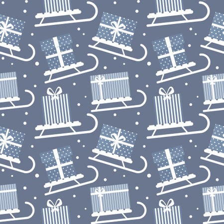 Seamless pattern, winter sleigh with gift boxes. Blue and white design. background, textile, vectorのイラスト素材