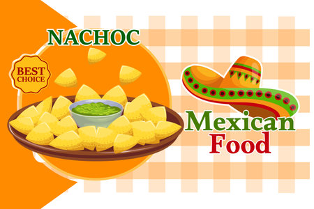 Mexican food banner, Nachos with Guacamole. Latin American cuisine. poster, vectorのイラスト素材