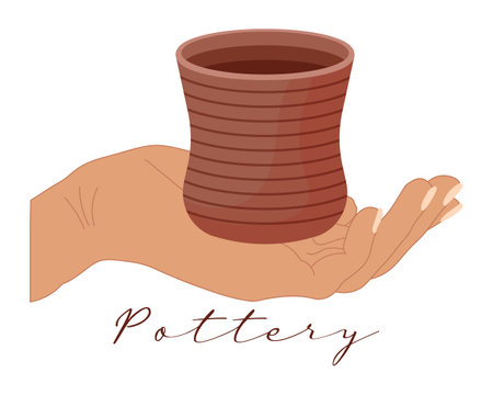 Clay pot in hand. Hobby concept. Illustration, clip art, vectorのイラスト素材
