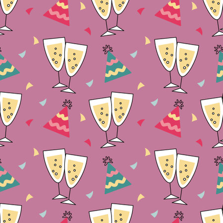 Festive seamless pattern, champagne glasses, party hats and confetti. Festive background, print, vectorのイラスト素材
