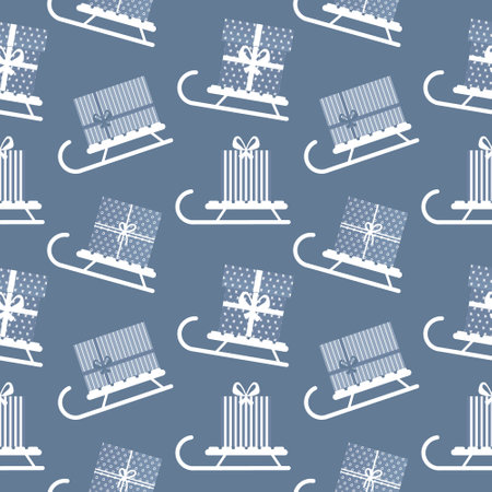Seamless pattern, winter sleigh with gift boxes. Blue and white design. background, textile, vectorのイラスト素材