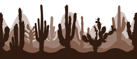 Desert landscape with different cacti. Seamless border, background, vectorのイラスト素材