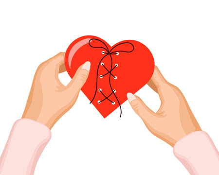 Hands holding red broken and sewn heart. Background for Valentine's Day, print, vectorのイラスト素材