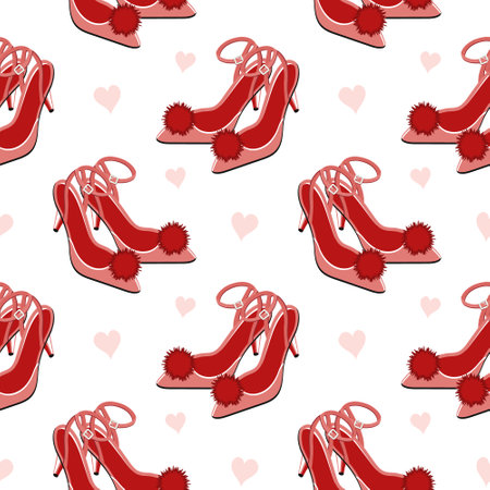 Seamless pattern, red women's glamor shoes on the background of hearts. background, print, vectorのイラスト素材