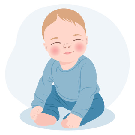 Cute cheerful baby boy in blue clothes, newborn baby boy. Children's card, print, illustration, vectorのイラスト素材