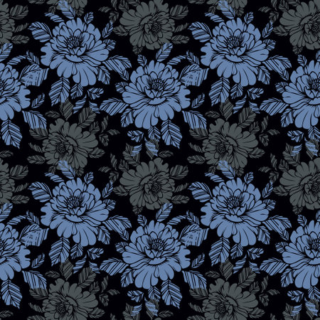 Seamless pattern, hand-drawn blue and gray peonies on a dark background. Floral vintage background, textile, vectorのイラスト素材